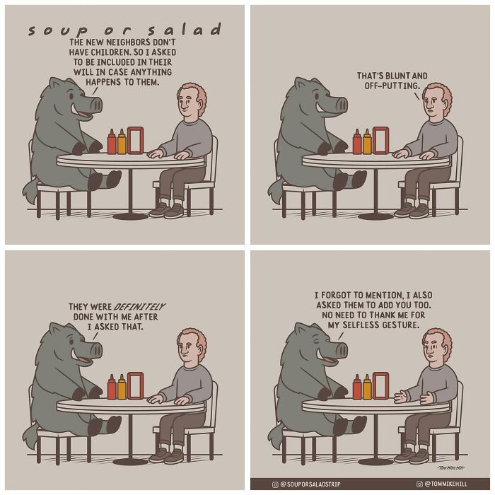 A man and a boar sit at a diner table. The boar talks about asking neighbors to include him in their will, while the man comments on the bluntness of the statement. The boar humorously mentions adding the man to the will as well.