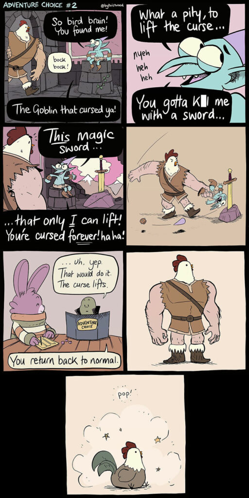 A cursed bird-man defeats his foe with a sword and transforms… then back to a chicken.