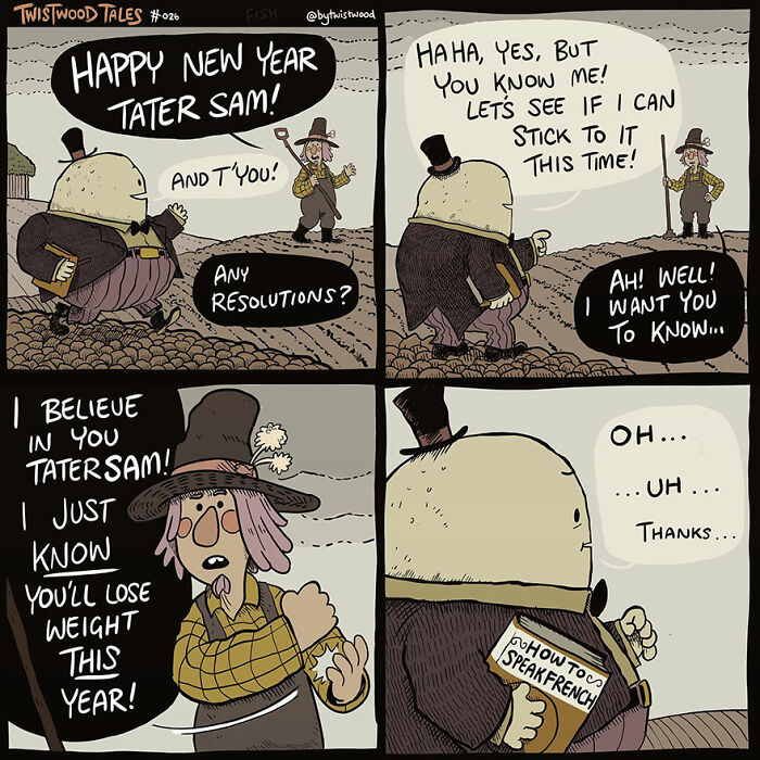 A hopeful friend misunderstands a New Year’s resolution and gives backhanded encouragement.