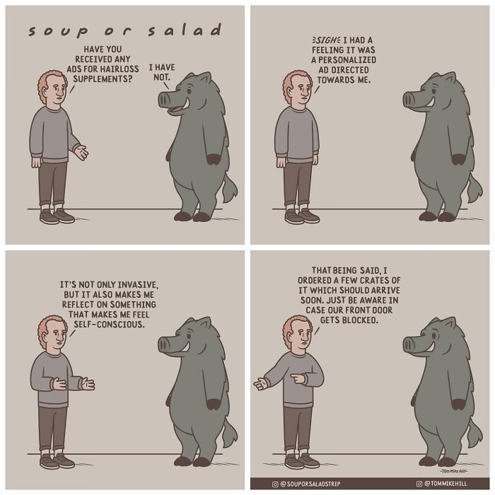 A man asks a boar if he has received ads for hair loss supplements. The man realizes the ads were directed at him, feeling self-conscious, and mentions ordering several crates of the supplements.