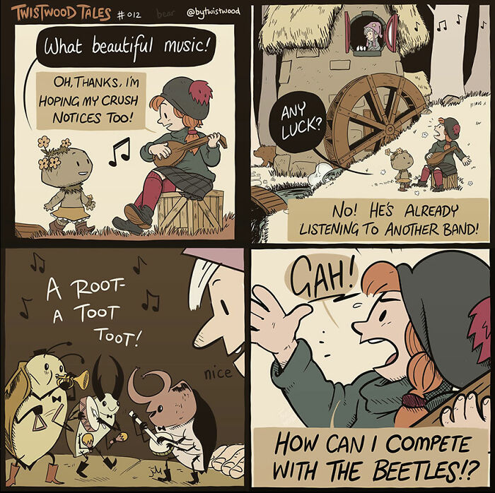 A girl plays music hoping her crush hears it, but he's listening to a band of beetles instead.