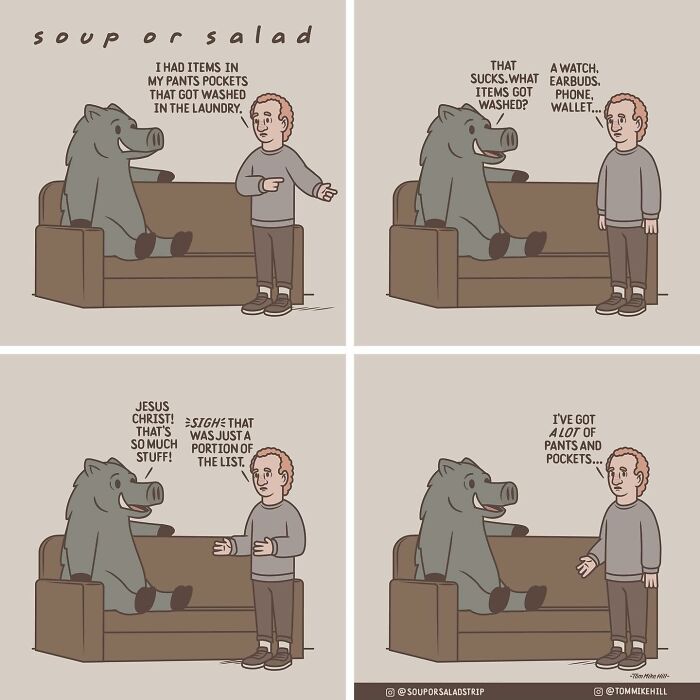 A person stands next to a boar sitting on a couch, discussing items lost in the laundry. The person lists a watch, earbuds, phone, and wallet. The boar is surprised by the number of items, and the person explains they have lots of pants and pockets.