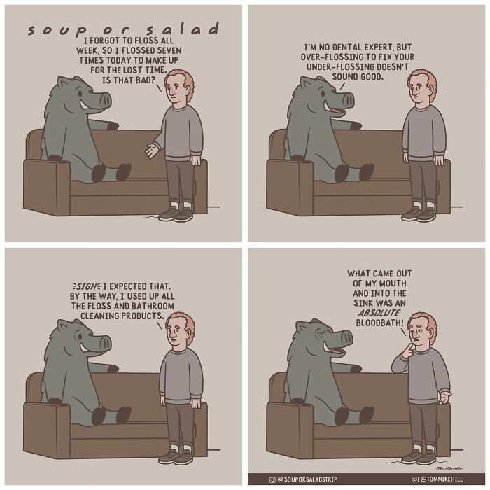 A person stands talking to a giant boar sitting on a couch. The person confesses to over-flossing, leading to a dramatic outcome described as a