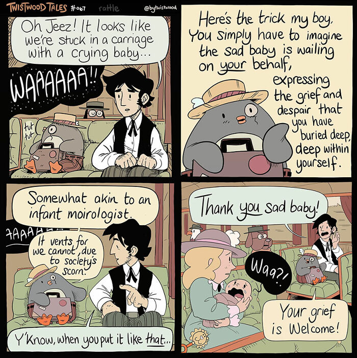 A crying baby is humorously reimagined as expressing everyone's hidden grief.