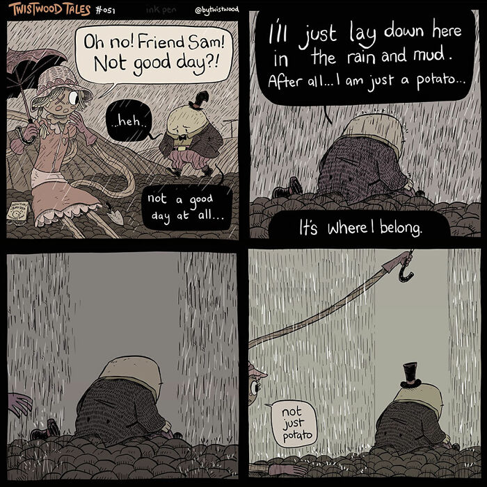 A gloomy character sits in mud claiming to be a potato until reminded he’s more.