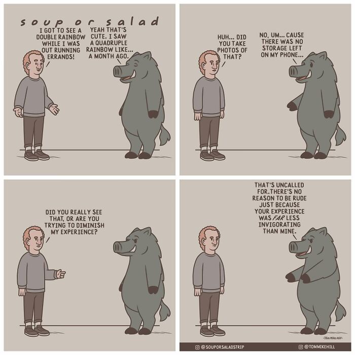 A human character excitedly talks about seeing a double rainbow, while a large boar claims to have seen a quadruple rainbow. The boar says there was no space on its phone to take pictures, leaving the human skeptical.