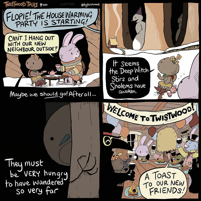 A bunny is invited to a party while mysterious creatures lurk outside, suggesting danger.