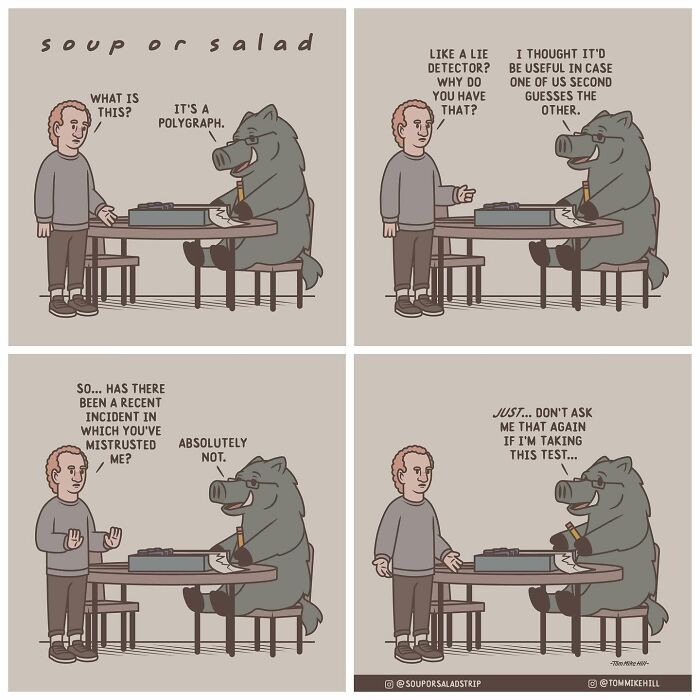 A man is sitting across from a boar at a table. The boar has a polygraph machine, and they are having a conversation about trust and lie detection.