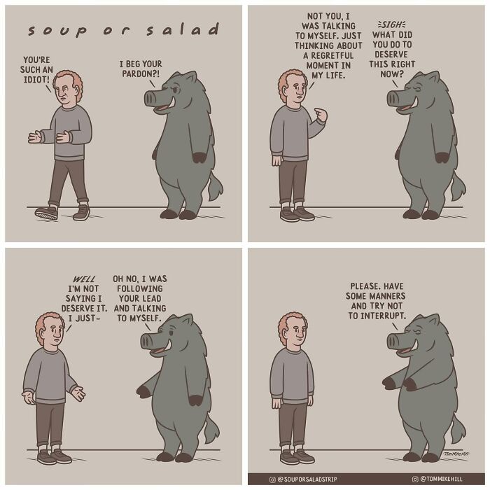 A person argues with a hippo who responds defensively, revealing they're both just talking to themselves. The hippo asks for manners.