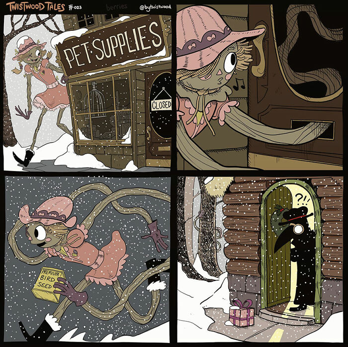 A girl rushes through snow to deliver bird seed, revealing kindness and friendship.