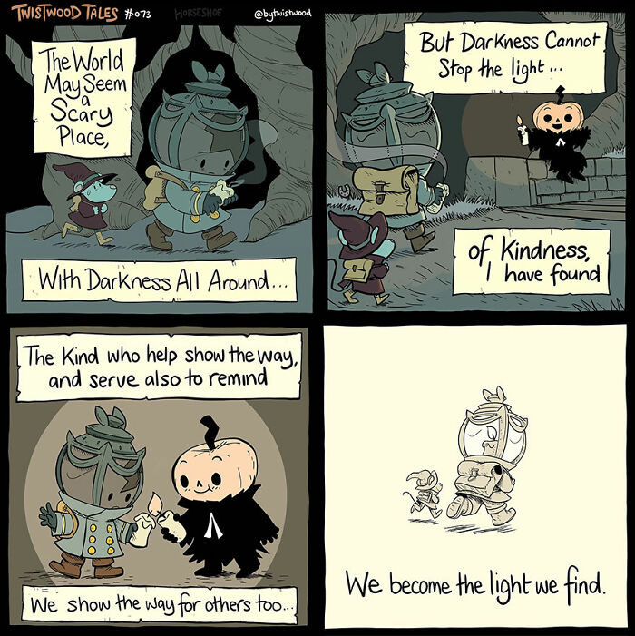 In a dark world, characters spread kindness and become lights for others.