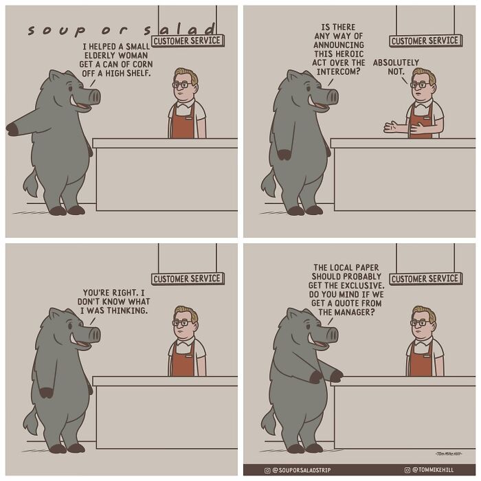 Comic strip showing a boar at a customer service counter, proudly telling a store employee about helping an elderly woman. The boar humorously suggests announcing his deed over the intercom and getting press coverage.
