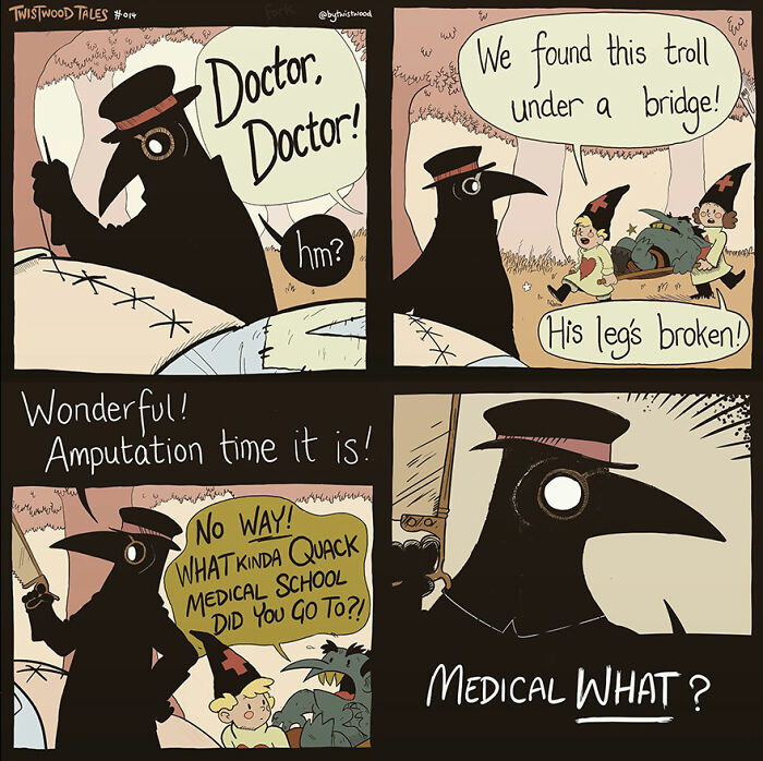 A doctor decides to amputate a troll's broken leg, shocking the helpers.