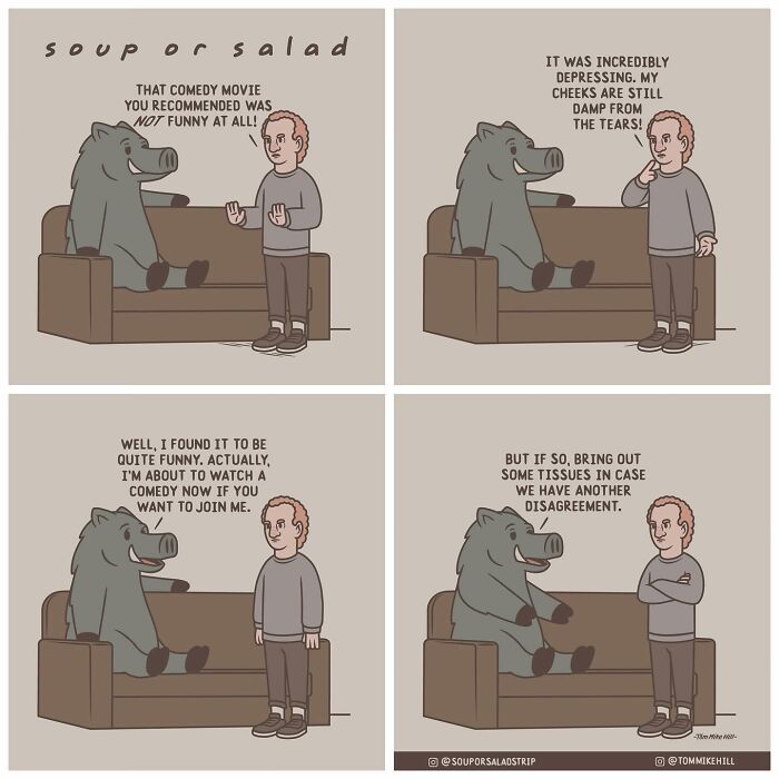 A boar and a man are sitting on a couch. The man complains about a sad movie recommended by the boar and is offered tissues for their next comedy choice.