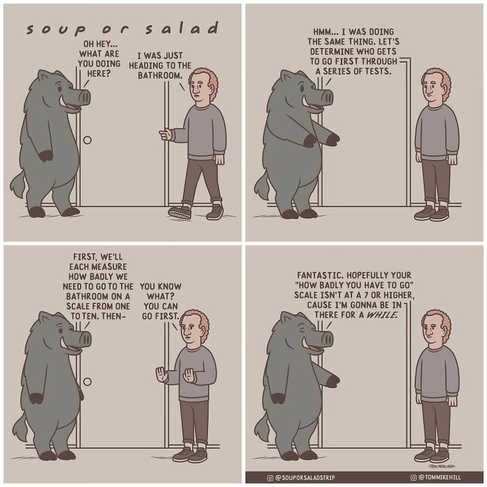 A person and a large boar both approach a bathroom door, preparing to negotiate who gets to use it first. The boar suggests a test to determine need, and the person concedes.