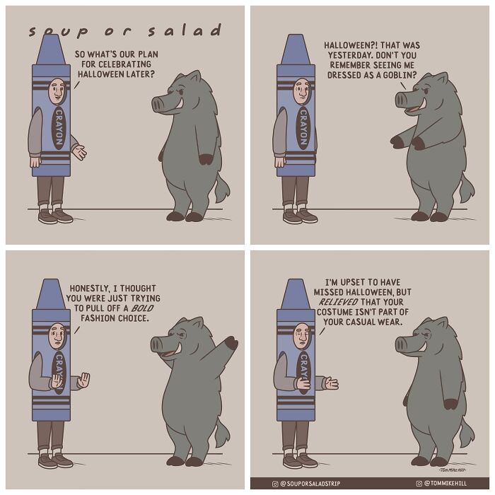 One character dressed as a crayon talks to another character resembling a bear. They discuss missing Halloween and the crayon costume.
