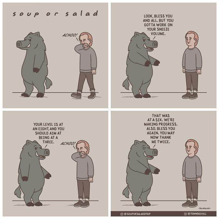 A person sneezes loudly in front of a boar, who gives humorous feedback on the sneeze volume, suggesting improvements with each panel.