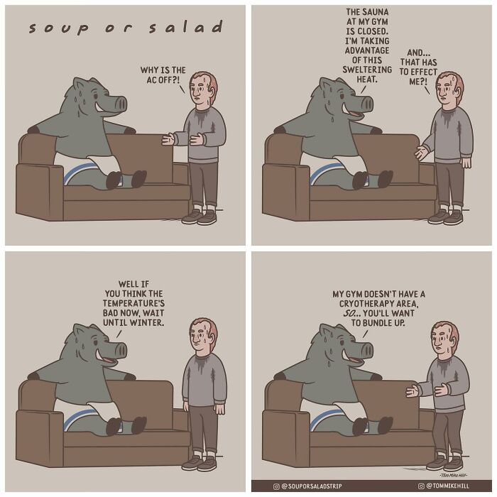 A human and a large animal are sitting on a couch. The animal mentions using the heat as a sauna and later suggests bundling up for a DIY cryotherapy area.