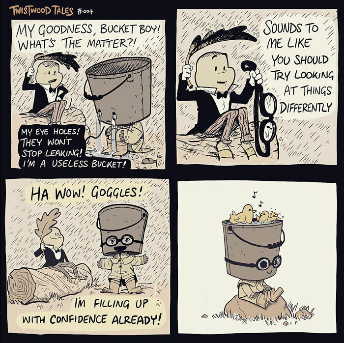 Bucket boy feels useless but gains confidence with goggles and finds joy again.