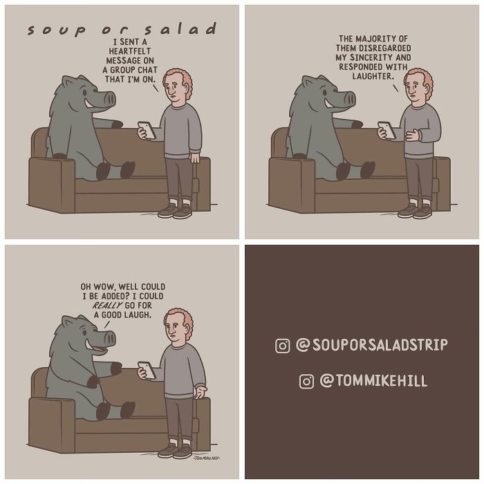 A person shows a text to a boar on a couch. The text was meant to be heartfelt, but others laughed. The boar asks to join for the laughs.