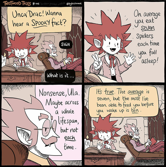 A kid shares the myth about eating spiders during sleep; a vampire confirms it humorously.