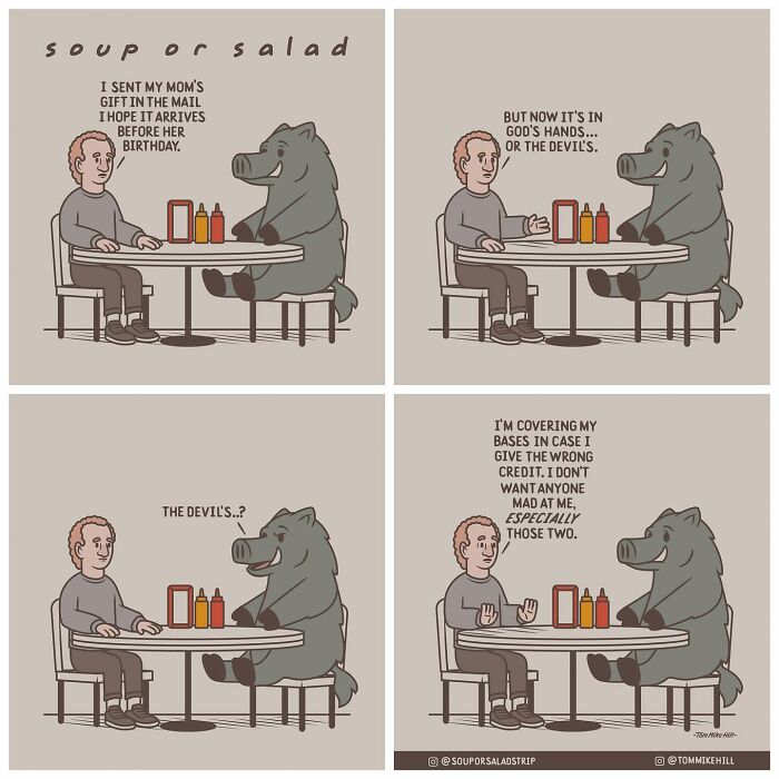 A man and a cartoon boar sit at a table. The man expresses hope that his mom’s gift arrives on time, stating it’s now in God’s hands or the devil’s. The boar looks surprised, and the man humorously elaborates he doesn’t want to anger either.
