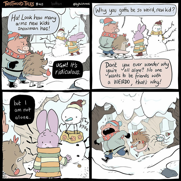 A snowman with many arms gets mocked, but the creator proudly claims friendship.