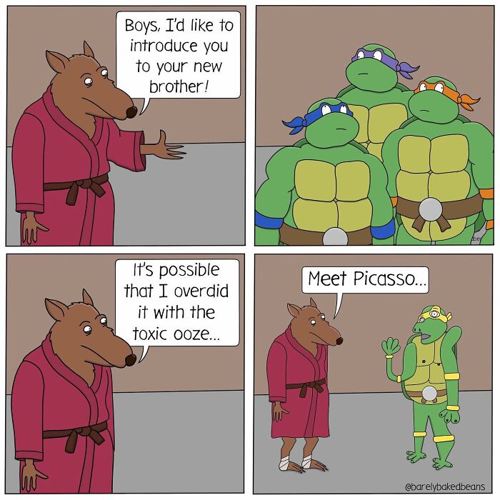 A wolf in a red robe introduces three familiar turtles to their new sibling, a uniquely mutated turtle named Picasso. The mutant turtle is green with mismatched features.