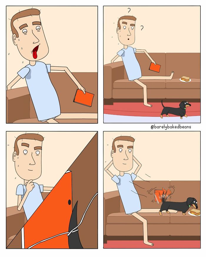 A man sits on a couch with a cereal box, surprised as his dog sneaks away a sandwich. He tries to hide it with the box, but the dog breaks through and grabs it.