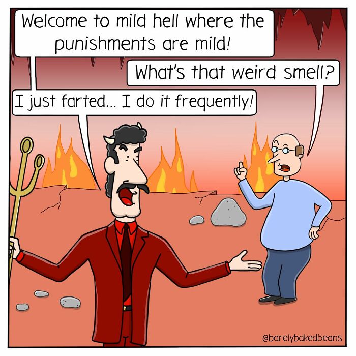 A cartoon devil introduces a man to