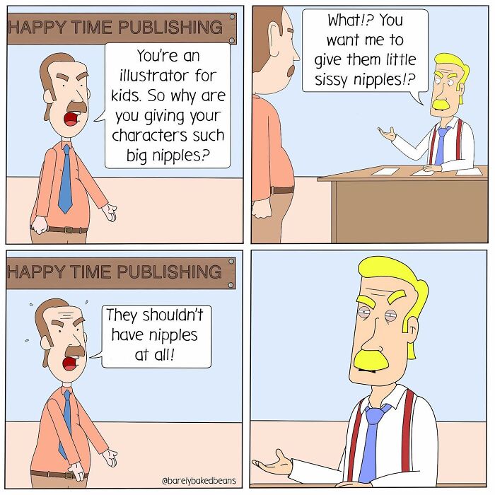 A comic strip shows a heated discussion in an office about the size of nipples on illustrated characters, with one character dramatically reacting to the feedback.