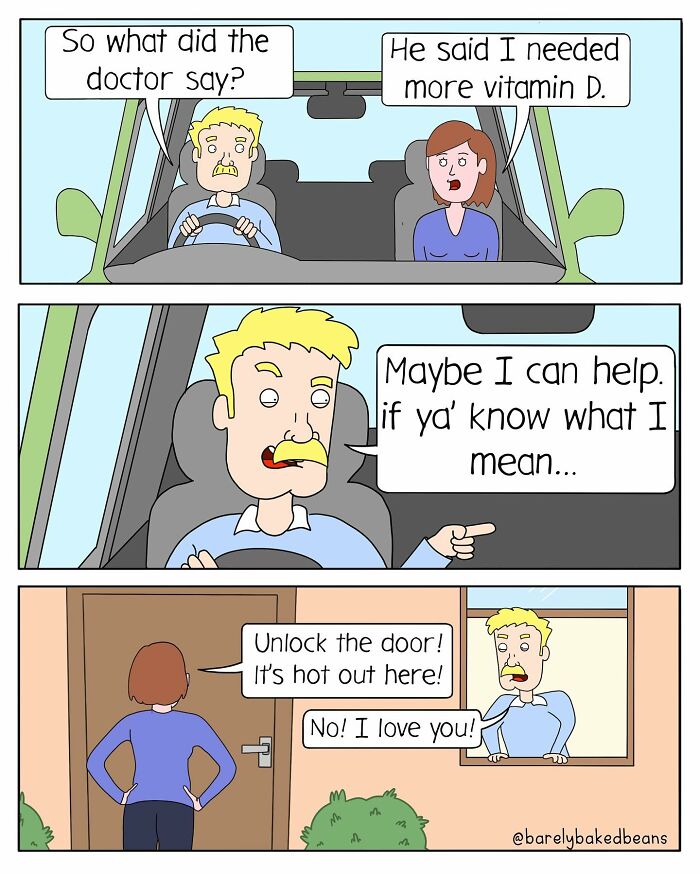 A man and a woman sit in a car; the man suggests he can help with her vitamin D needs. Next, the woman is outside asking to be let in, and the man refuses, professing his love instead.