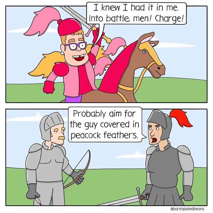 A person dressed in colorful, over-the-top armor rides a horse into battle, exclaiming confidently. Two knights in traditional armor discuss targeting the flamboyant individual.