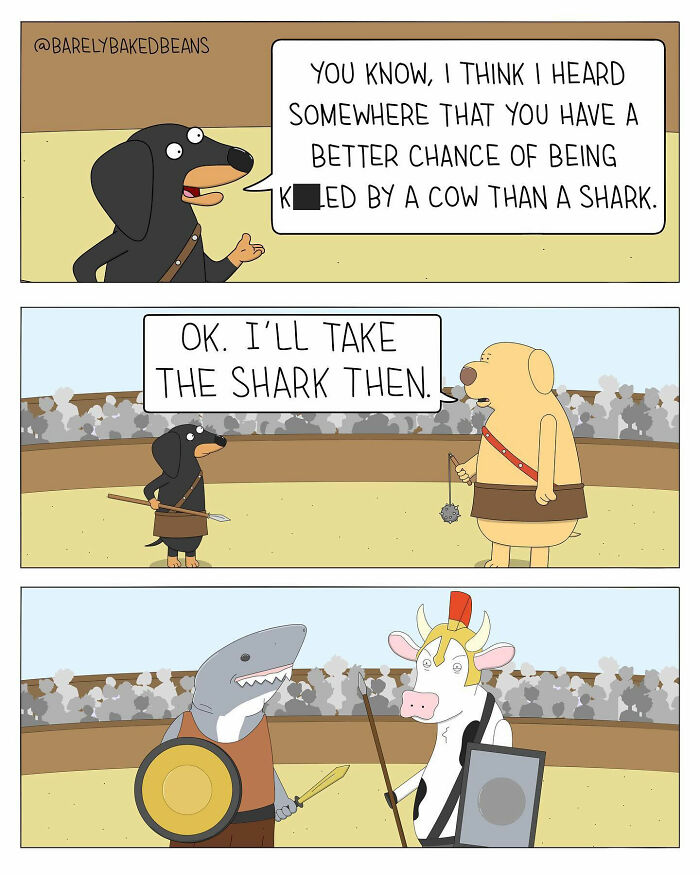 A dog and a cow dressed as gladiators face off in an arena. The cow is holding a long spear, while the dog chooses to face a shark gladiator instead.