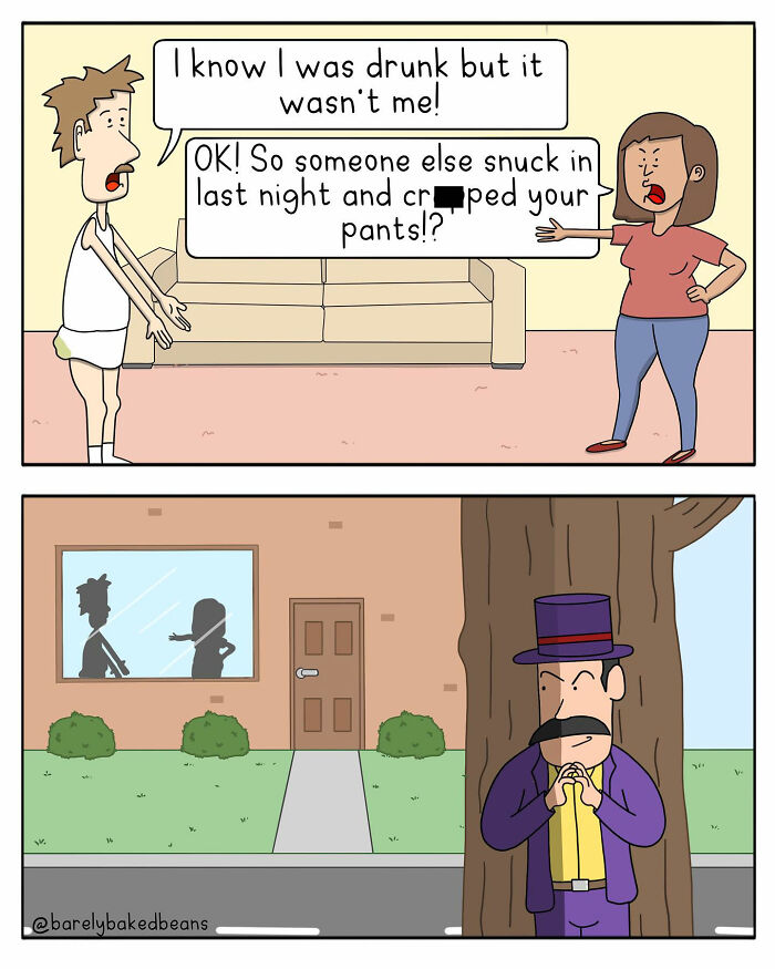 A man in his underwear stands defensively in a living room arguing with a woman. Outside, a cartoonish man in a purple suit and top hat hides behind a tree with a mischievous expression.