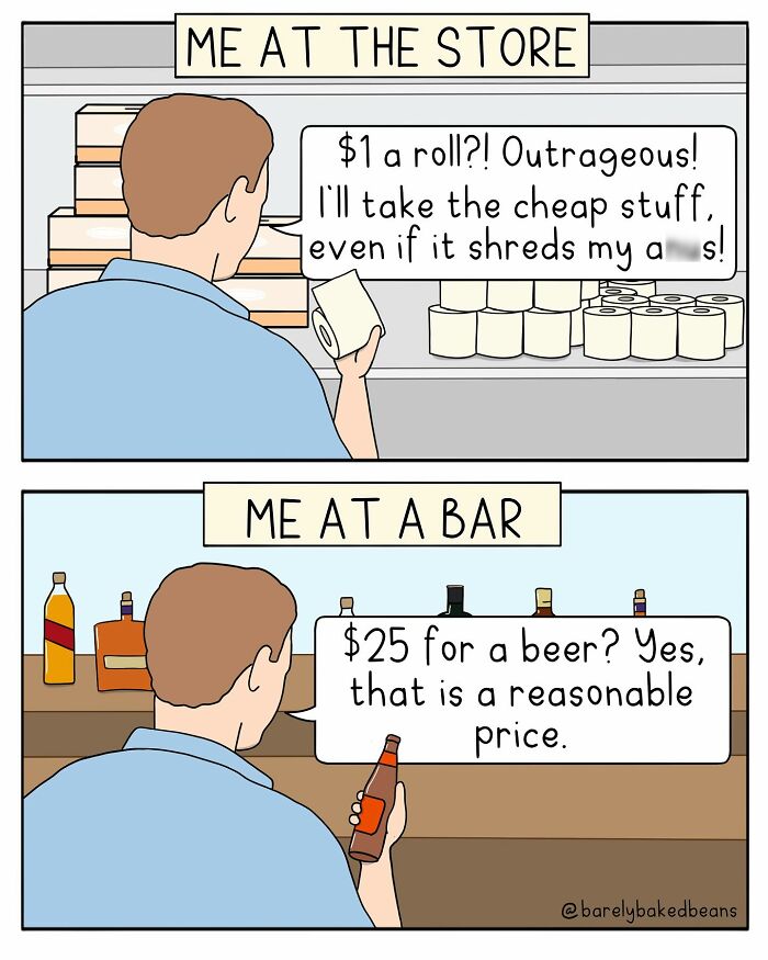 A person is at a store shocked over the price of toilet paper, choosing the cheaper option. Later, at a bar, they gladly accept paying $25 for a beer.