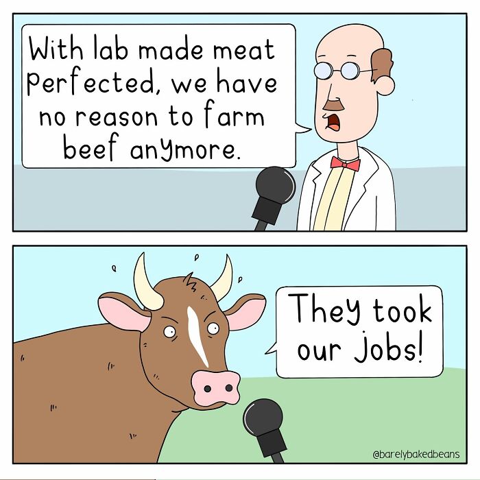A scientist confidently declares the end of farming beef due to perfected lab-made meat. Below, a surprised cow responds,