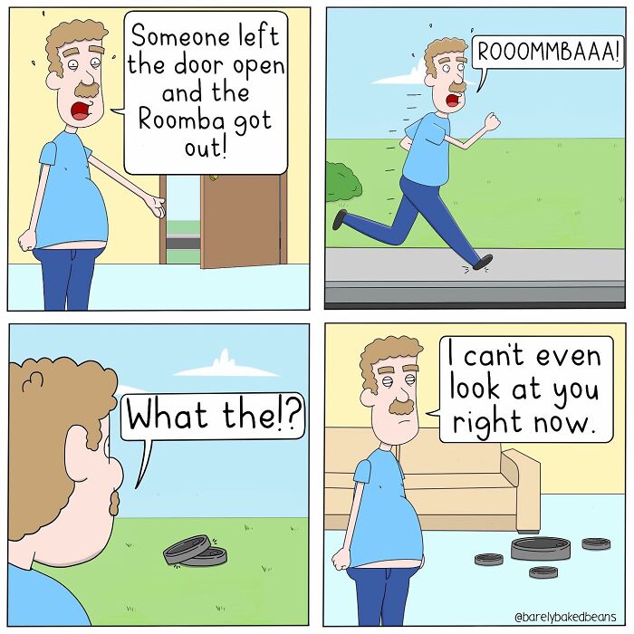 A man in a blue shirt frantically runs outside, shouting for his Roomba. He finds the Roomba outside among several other Roombas, expressing disbelief and disappointment.