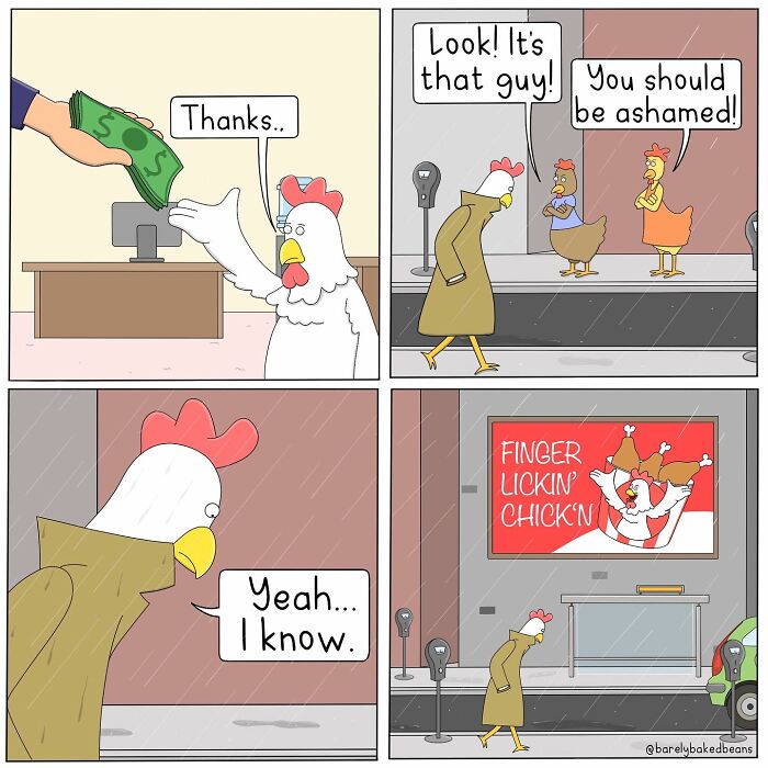 A chicken character in a coat takes money at a counter. It walks down the street as other chickens accuse it of shame. The chicken looks sad and acknowledges the accusation while passing a billboard for fried chicken.