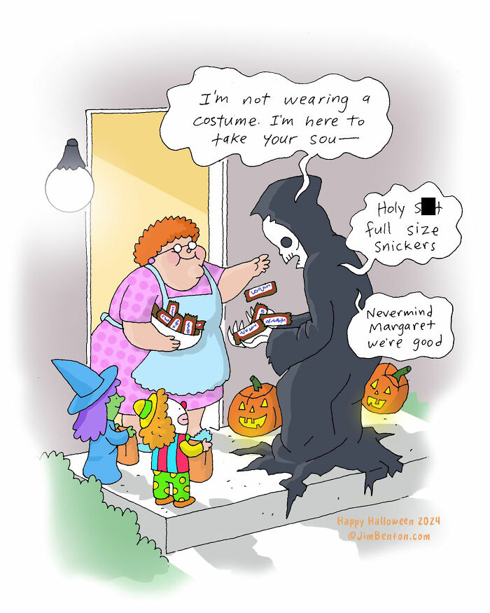 A woman at her doorstep offers full-size Snickers bars to trick-or-treaters, including a Grim Reaper who claims he’s not in costume and is here to take her soul. Upon seeing the candy, he changes his mind and tells someone offscreen, “Nevermind Margaret we’re good.” Two kids in costume watch in amazement.