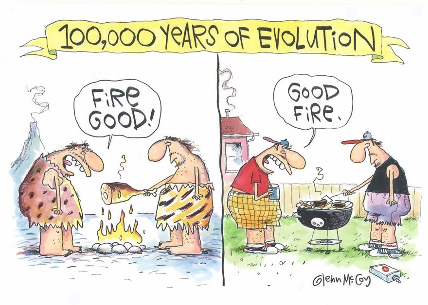 Two cavemen admire a fire while cooking meat on a stick, saying