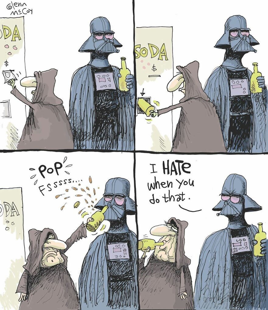 A hooded character shakes a bottle of soda, causing it to spray fizz onto a Darth Vader-like figure, who then says,