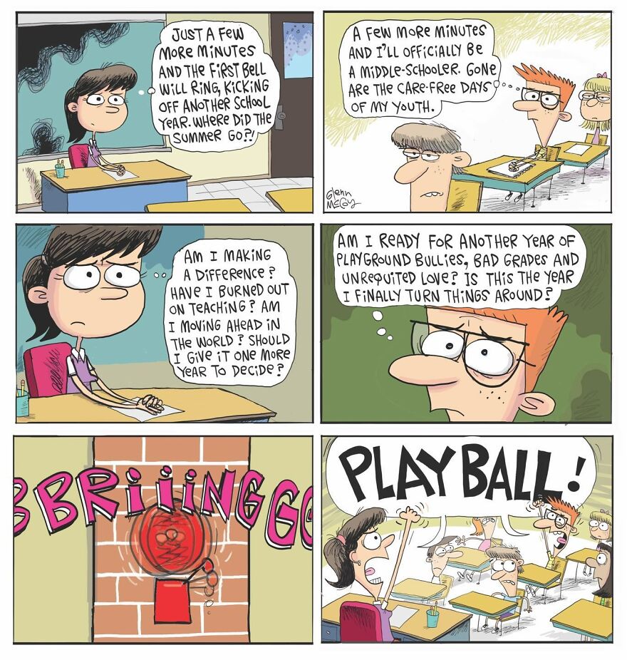 A teacher and students are in a classroom, each lost in their own anxious thoughts about the new school year starting. The final panel humorously shows the teacher excitedly yelling