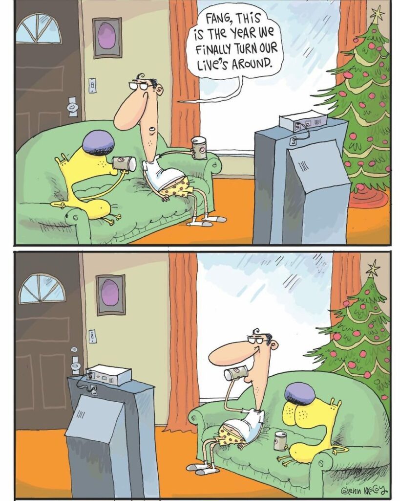 A man and a dog sit on a couch watching TV. The man optimistically claims this year will be different, while both remain seated and relaxed in front of a Christmas tree.