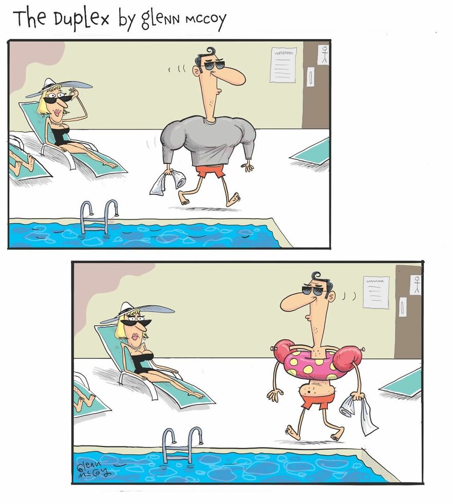 A muscular man confidently walks by the pool in the first panel, and in the second panel, he returns wearing inflatable arm floaties. A woman lounging by the pool looks surprised.