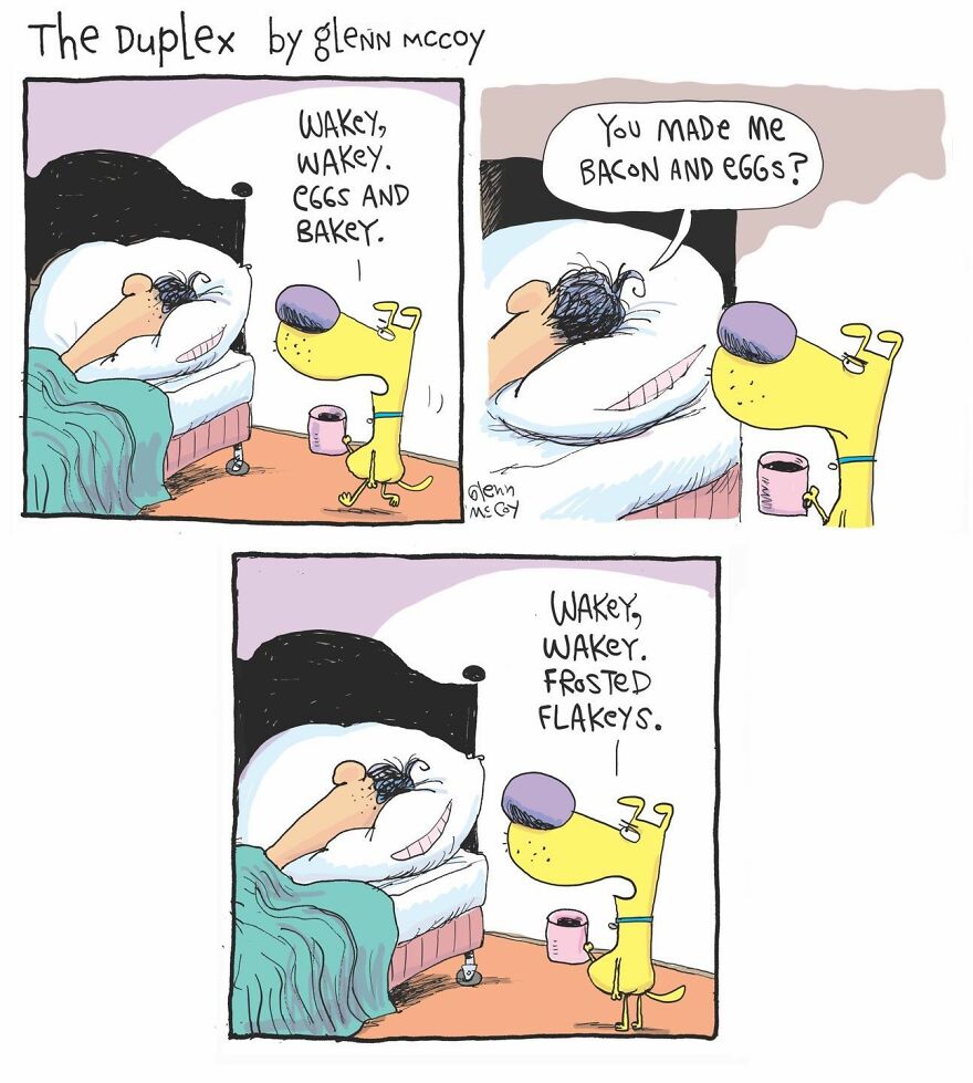 A dog wakes a person in bed by saying,