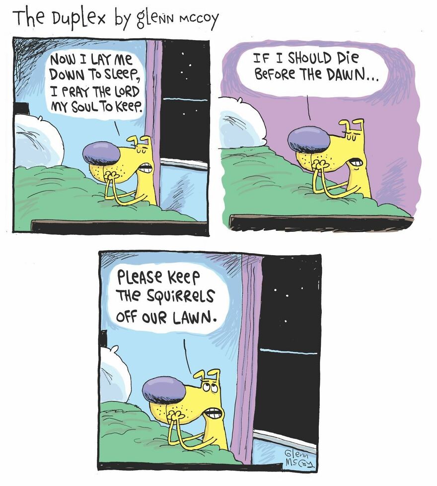 A cartoon dog is lying in bed, praying with a serious expression. In the first two panels, it begins the traditional prayer, but in the last panel, it humorously asks to keep the squirrels off the lawn.