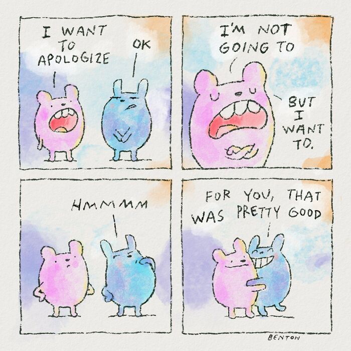 Two round animal-like characters talk. The pink one tries to apologize but admits they won’t actually do it, even though they want to. The blue one thinks for a moment and responds, “For you, that was pretty good,” and then hugs them.