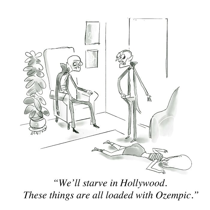 Two vampire characters talk in a minimalist Hollywood apartment. One complains, “We’ll starve in Hollywood. These things are all loaded with Ozempic,” while a thin, lifeless body lies on the floor nearby.