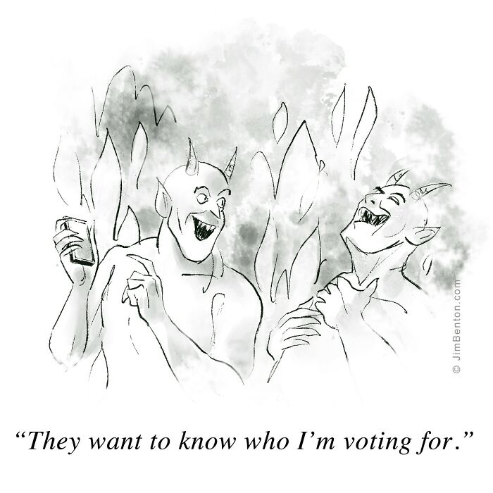 Two devilish characters with horns and pointy ears laugh together in a smoky, hellish background. One says, “They want to know who I’m voting for,” while holding a phone.